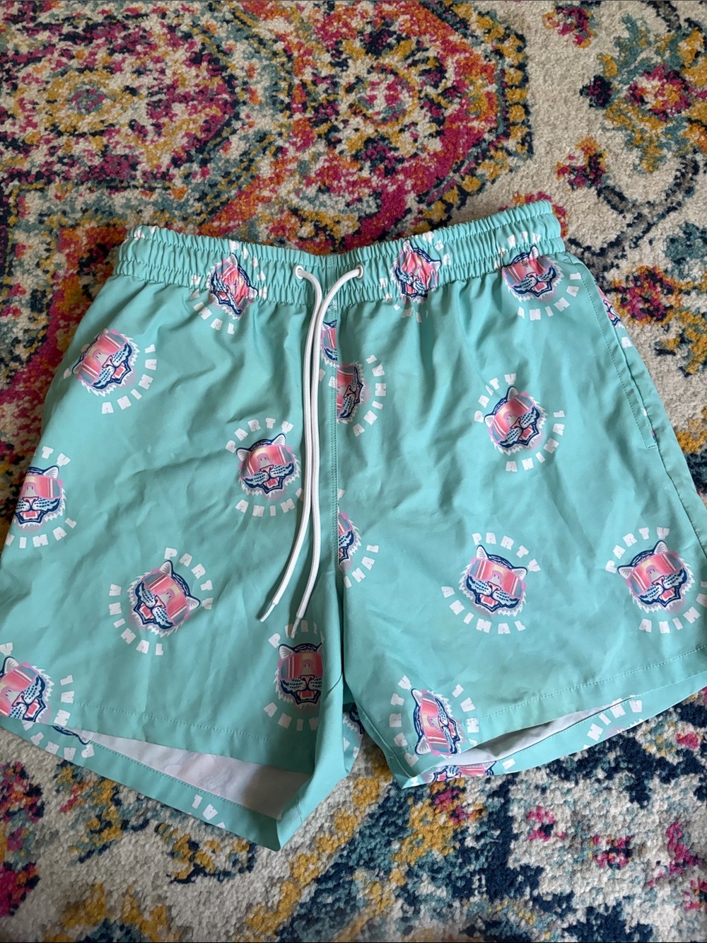 Seafoam Green Swim Shorts with Pink Graphic Print